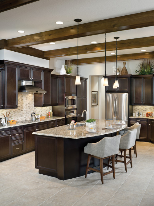 Santa Cecilia with Espresso Cabinets and Natural Color Glass Matchstick Tiles and Light Travertine Flooring